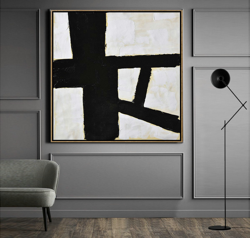 Extra Large Acrylic Painting On Canvas,Handmade Minimal Art Palette Knife Canvas Painting, Black White Beige - Hand Painted Abstract Art